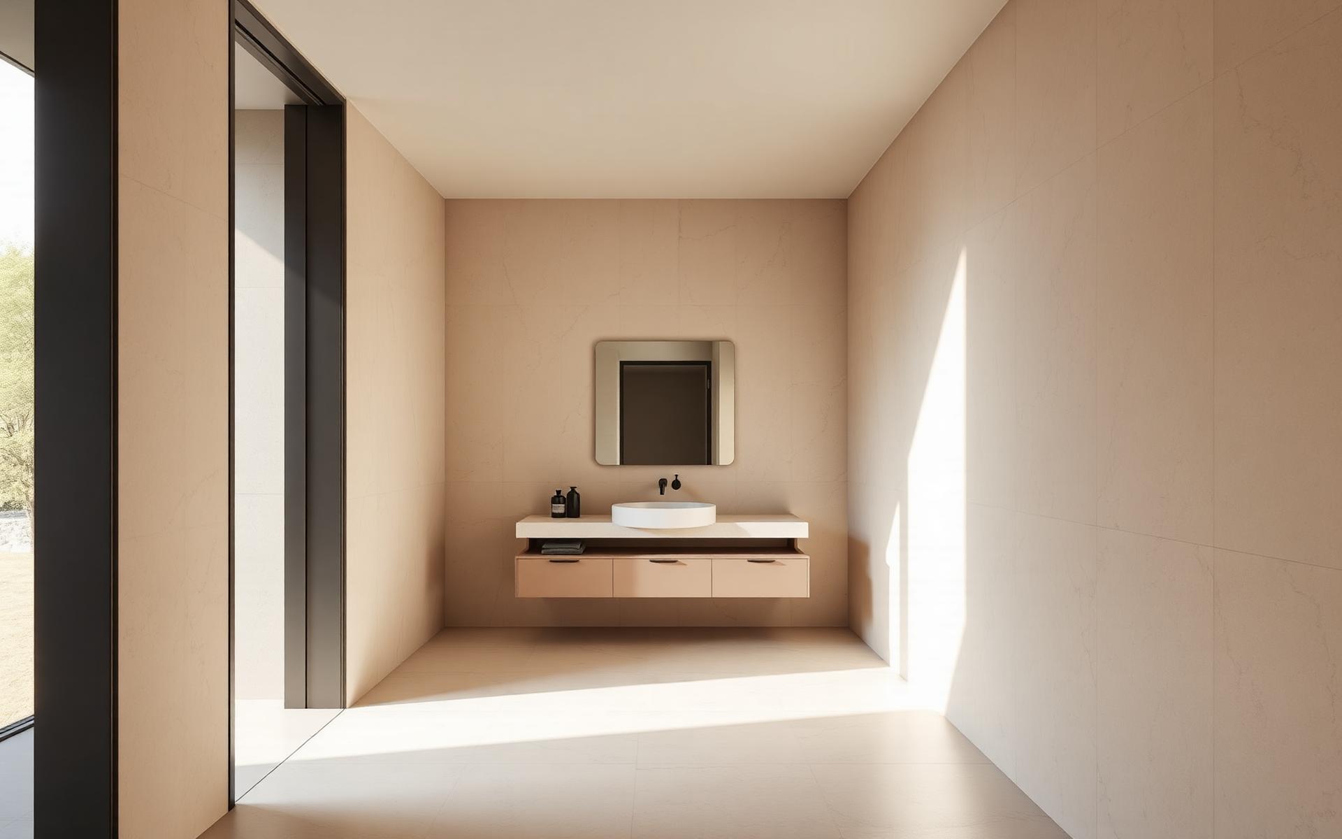 Warm limestone porcelain showroom display